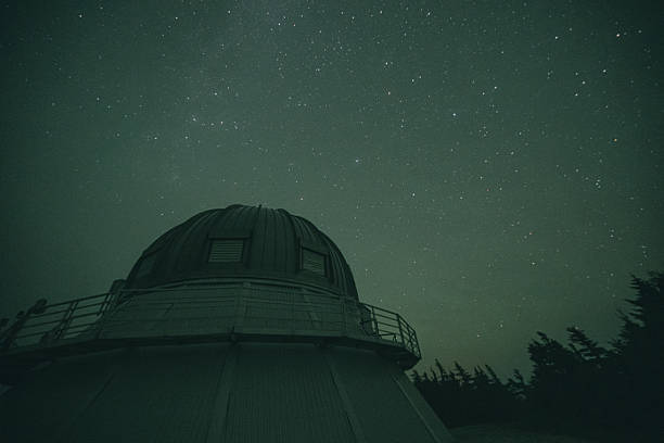 A classic observatory dome sits under a vast, star-filled night sky with a subtle green tint. Railings encircle the dome, silhouette of trees on the horizon, conveying quiet wonder and scientific exploration.