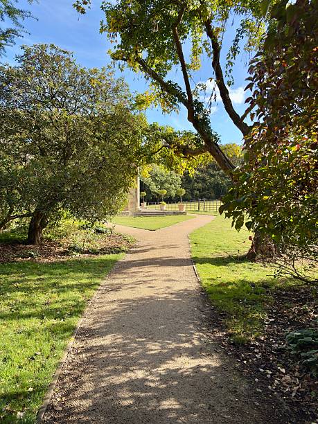istock A tranquil garden path splits around a grassy area leading to a stone pillar structure, surrounded by potted topiary and lush trees under a clear sky, evoking peace and timeless beauty. 2237919423