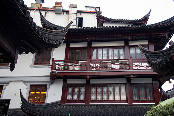 Shanghai, China - september 08, 2017 - A special architectural form in the style of ancient China with wooden and red arches