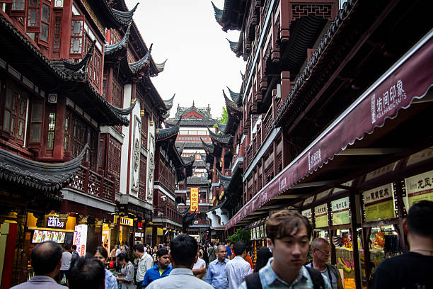 Shanghai, China - september 08, 2017 - A special architectural form in the style of ancient China with wooden and red arches
