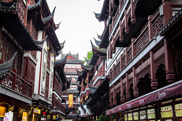 Shanghai, China - september 08, 2017 - A special architectural form in the style of ancient China with wooden and red arches