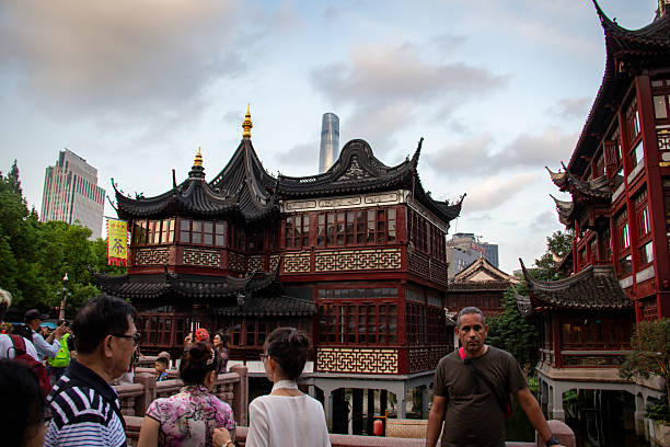 Shanghai, China - september 08, 2017 - A special architectural form in the style of ancient China with wooden and red arches