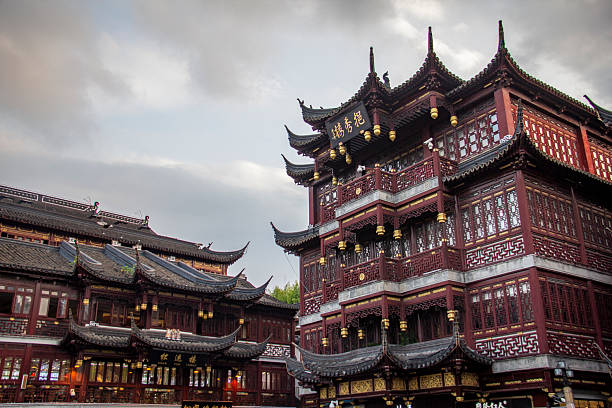Shanghai, China - september 08, 2017 - A special architectural form in the style of ancient China with wooden and red arches