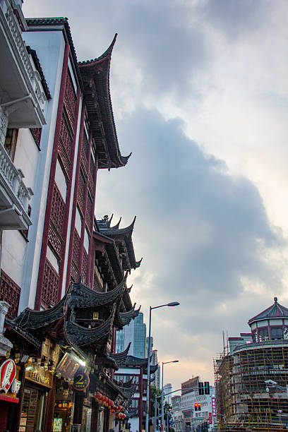 Shanghai, China - september 08, 2017 - A special architectural form in the style of ancient China with wooden and red arches