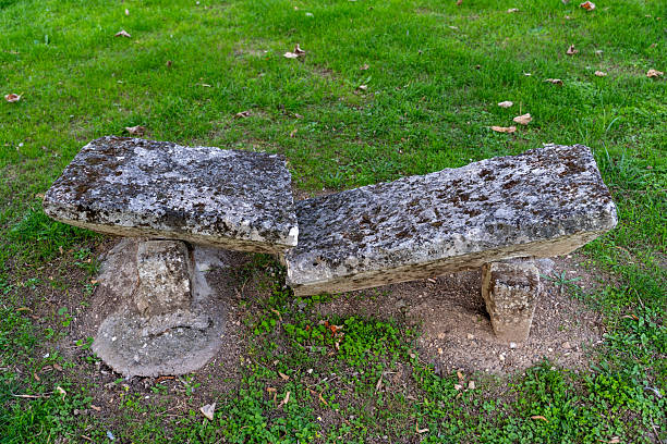 istock Top view of a broken stone bench in green park 2237929876