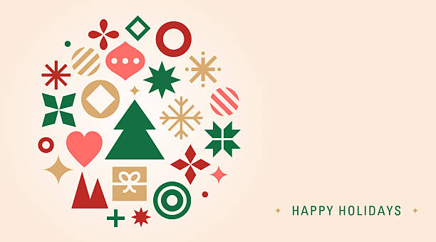 Retro style Christmas background with Happy Holidays text. Simple geometric Christmas icons on beige background. Winter holiday concept.