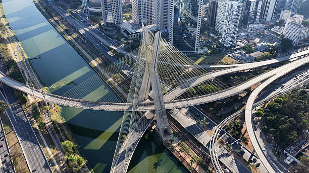Cable Bridge At Sao Paulo In Brazil. Downtown Cityscape. Cable Bridge. Highrise Buildings Landscape. Cable Bridge At Sao Paulo In Brazil. Metropolitan Background. Sao Paulo Brazil.