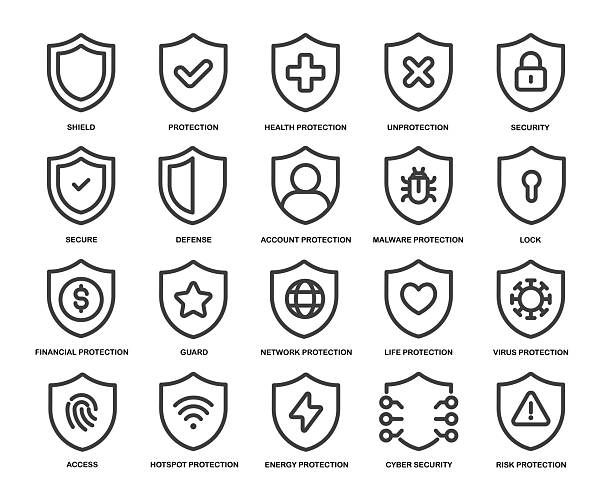 Shield icons collection. Editable stroke line icon minimal style series