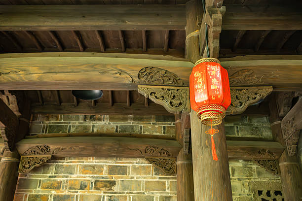 A Red Lantern Hanging in a Traditional Chinese Ancient Architectural Structure