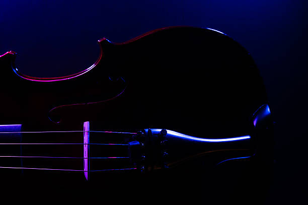 Violin on a dark background, side lit with purple and blue lights