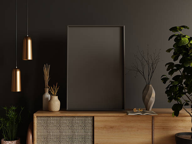 istock Mockup frame on cabinet in living room interior on empty dark wall background- 3D rendering 2237967851
