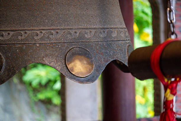 Detailed View of an Ancient Bell in a Serene Temple Setting