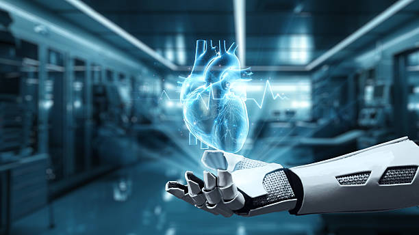 istock Close up of robot hand pointing and tapping at heart holographic. Salubrious. 2237969042