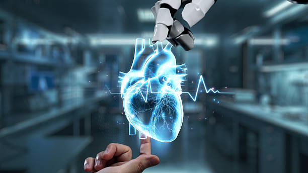 istock Robot and human reach hand and point finger with heart icon float. Salubrious. 2237969102