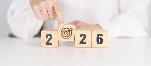 istock 2026 year block with dartboard icon. Goal, Target, Resolution, strategy, plan, Action, mission, motivation, and New Year start concepts 2237969433