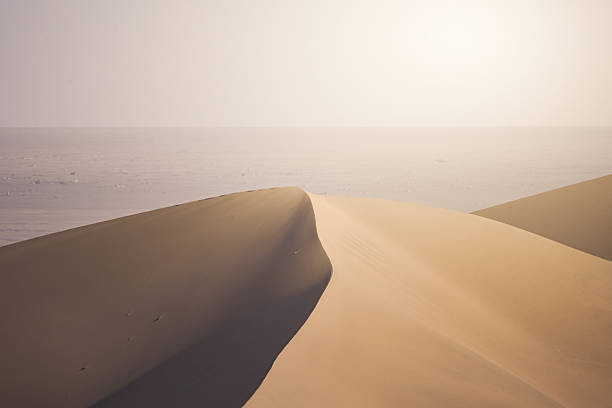 A stunning close-up of a sand dune displaying intricate shadow patterns. This photograph captures the beauty of natural textures and colors in a tranquil desert landscape.