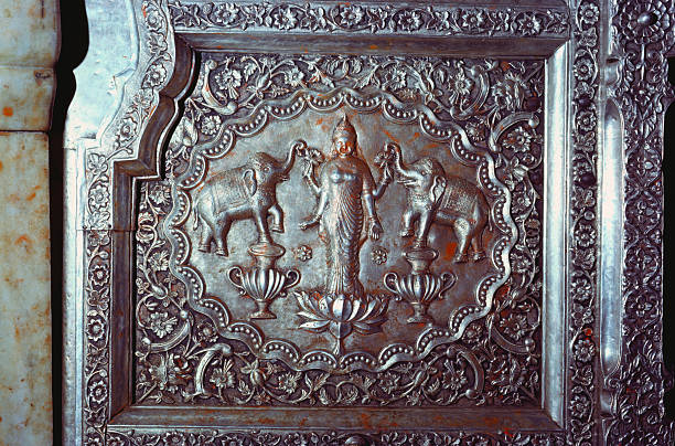 Indian Goddess Laxmi embossed on silver door India