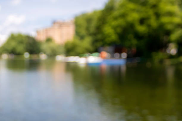 Blurred view of pond water, green trees and blue sky
