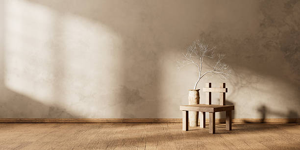 istock Rustic wooden chair with ceramic vase in minimal interior. 3D illustration 2237990189