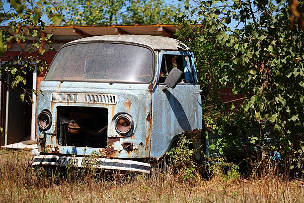 An old, rusty van was abandoned in a field, surrounded by overgrown plants under the bright sunlight