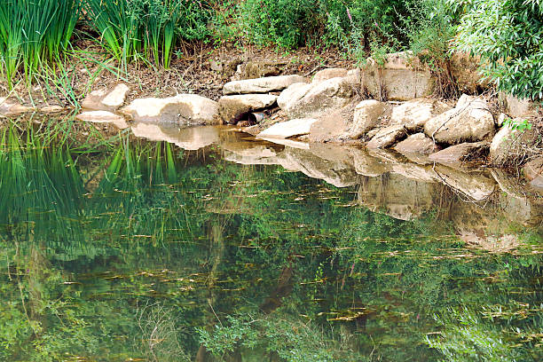 istock Lake surrounded by rocks and vegetation, with their reflection on the water's surface 2237993346