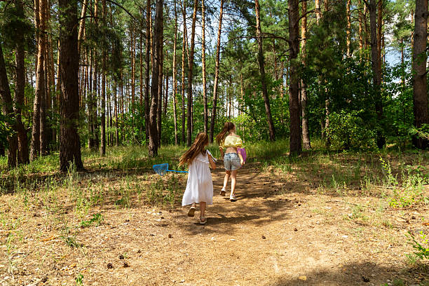 Two little girls catching insects with nets in forest
