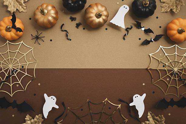 istock Happy halloween background with party decorations from pumpkins, bats, spiderweb, ghosts top view. Mystic autumn greeting card. 2238000863