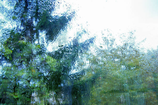 istock Raindrops on the glass with blurry natural green tree background 2238001964