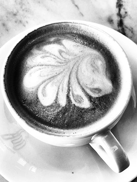 A close-up black and white photograph of a cappuccino cup with delicate latte art. The emphasis is on the creamy texture and monochrome style.