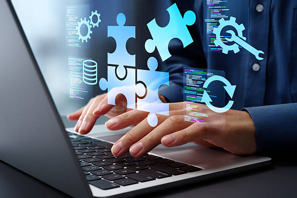 low-code or no-code development platform. solutions for creating software without coding. - oplossing stockfoto's en -beelden