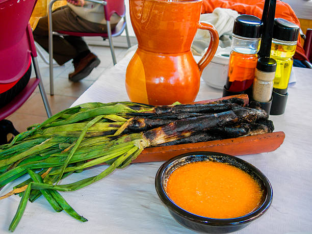 Grilled Catalan calcots served on a traditional terracotta tray, ready for dipping in a bowl of vibrant romesco sauce