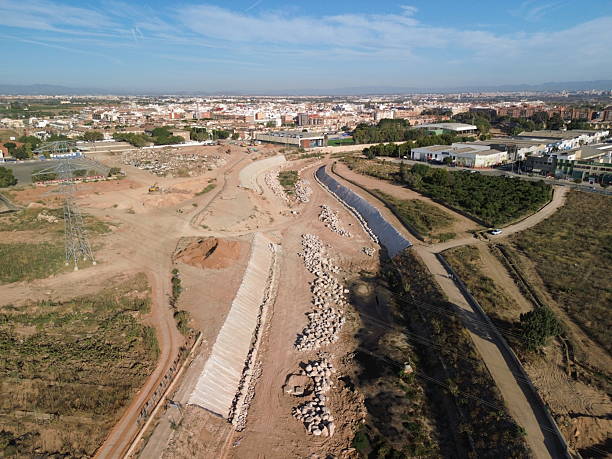 Drone shot of Barranco del Poyo in Paiporta Valencia showing flood recovery works and rebuilt areas