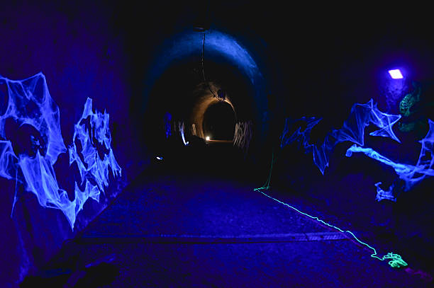 Dark tunnel interior featuring eerie halloween decorations and spooky lighting