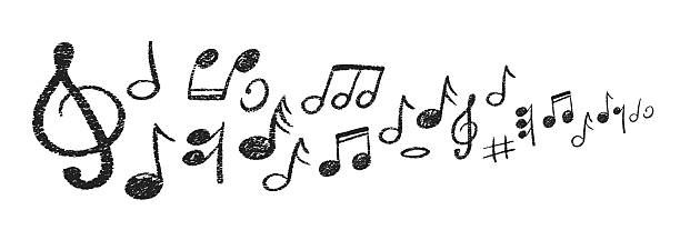istock Set of hand drawn music notes with crayon, pastel or chalk texture. Monochrome musical notes wave. Cute doodle elements for kids or decorations. Vector illustration. 2238049683