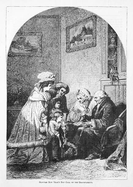 A 19th-century illustration shows a family visiting the grandparents on New Year’s Day. Children and adults gather around the elderly couple in the living room.
