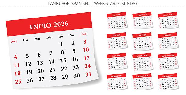 istock 2026 Spanish calendar planner. A collection of vector illustrations pages for each month year. Spain. Week starts sunday 2238056287