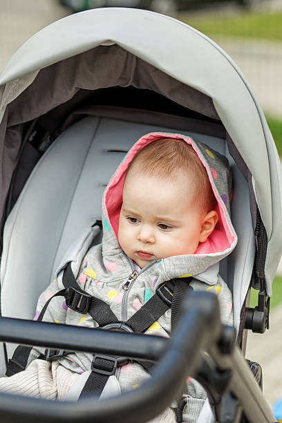 Baby sitting in modern stroller outdoors