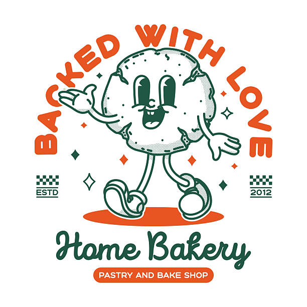 Bakery shop signboard logo template. Retro cookie biscuit mascot for promo banner flyer