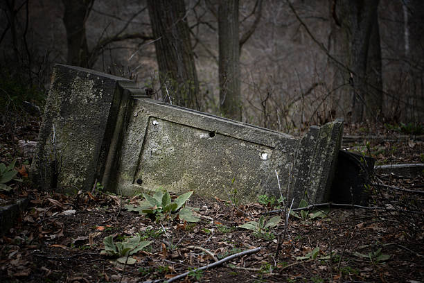 The fallen tombstone in an abandoned cemetery