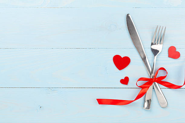 istock Festive table setting for Valentine's Day on wooden background, top view 2238067727