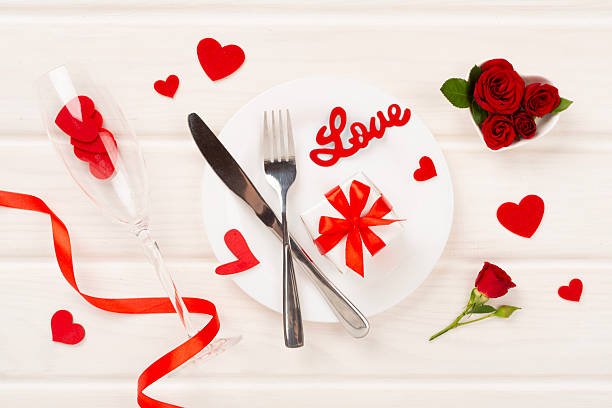 istock Festive table setting for Valentine's Day on wooden background, top view 2238067751