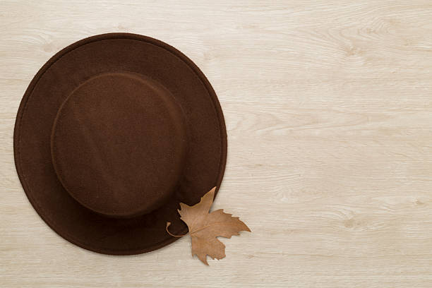 Brown autumn hat on wooden background, top view