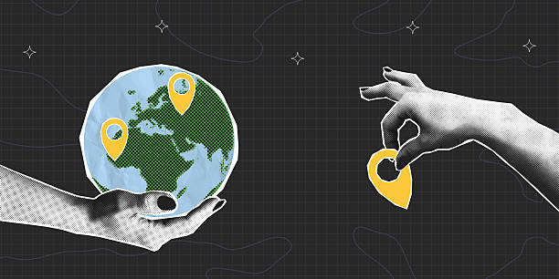 Collage banner with halftone hands holding Earth globe and map location pointer. Concept of travel, journey and mark locations for vacation. Collage style with halftone. Vector illustration.