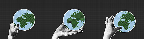 Collage halftone hands holding Earth globe. People give paper halftone World globe in hand. Collage design. Vector illustration.