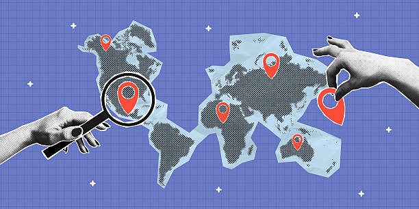 Collage banner with paper cut-out World map and halftone hands holding magnifying glass and map location pointer. Concept of travel, search locations for vacation. Collage style with halftone. Vector.