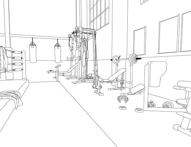 istock Black and white contour drawing of a gym interior with various training equipment, including weights, machines, and punching bags arranged near large windows. 2238078621