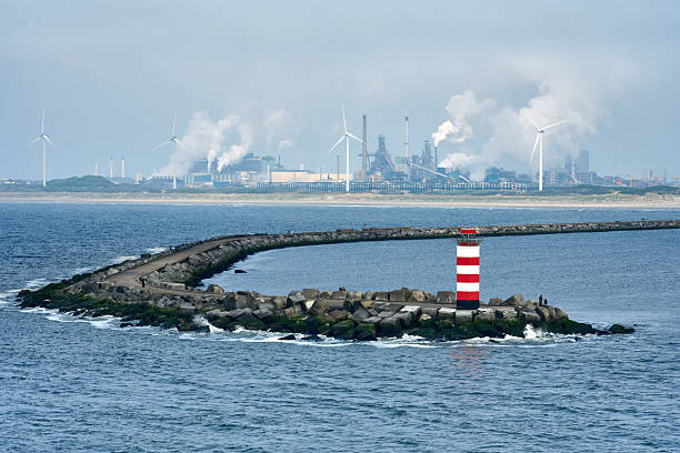 A tranquil seascape viewed from the bow of a boat, featuring sparkling blue water, a clear sky, and several cargo ships in the distance. The railing foreground adds depth and motion.