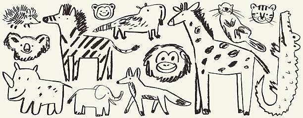 Animal kids hand drawn naive wild nature doodle set, childish chalk African characters. Wax crayon kindergarten jungle print, childhood savanna and forest mammal. Animal scribble charcoal graphic.