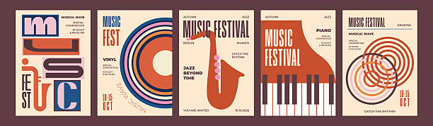 Jazz, piano, saxophone, and vinyl record illustrations in warm colors. Perfect for concerts and jazz events