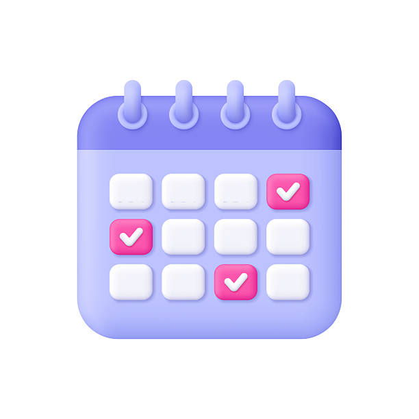 istock Purple flip calendar or planner with marked dates and check marks. Time management, planning, deadline, organization, reminders and important events concept. 3d vector icon. Cartoon minimal style. 2238083848